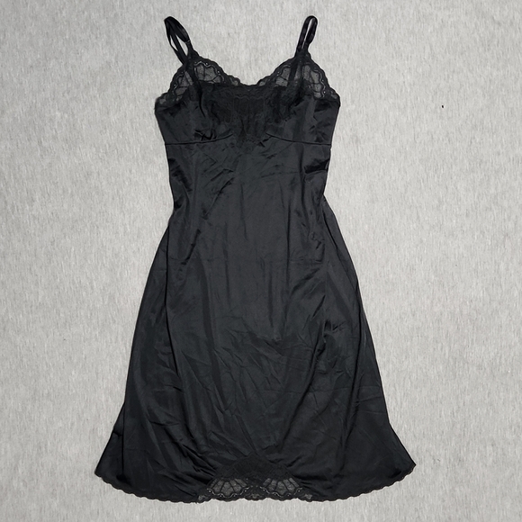 Vintage Other - Vintage Vanity Fair Lingerie Slip Lacey Satin Silk Black Chemise Nightgown Dress